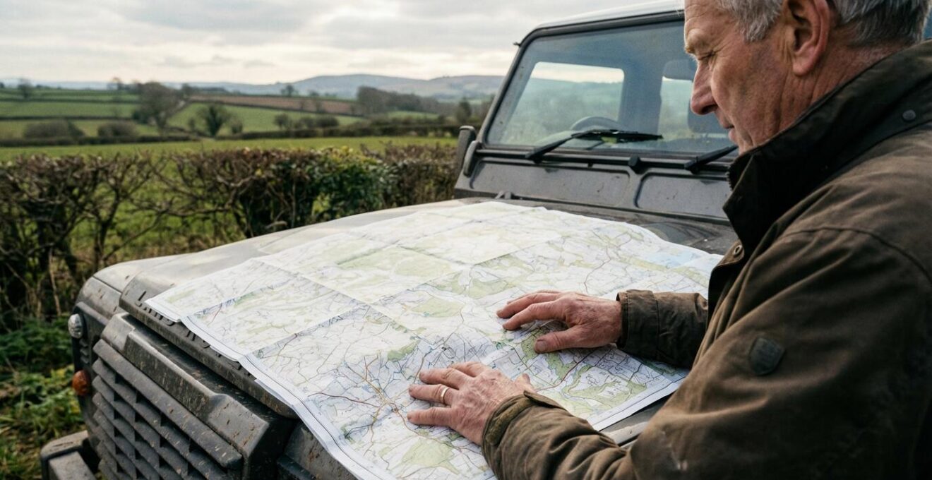 Expert foncier analysant une carte topographique sur un domaine rural