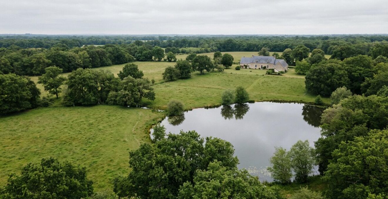 Vue panoramique d'un domaine rural français avec prairies et étang