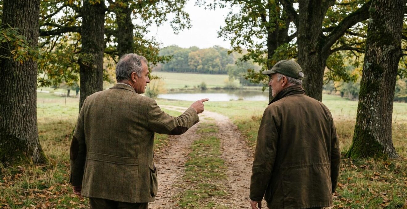 Expert foncier et propriétaire visitant un domaine rural français en automne