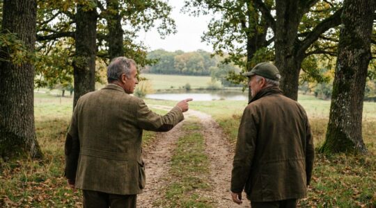 Expert foncier et propriétaire visitant un domaine rural français en automne