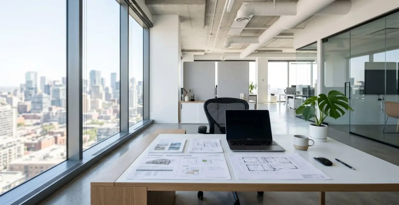 Vue grand angle d'un bureau contemporain lumineux avec documents immobiliers et plans posés sur une table