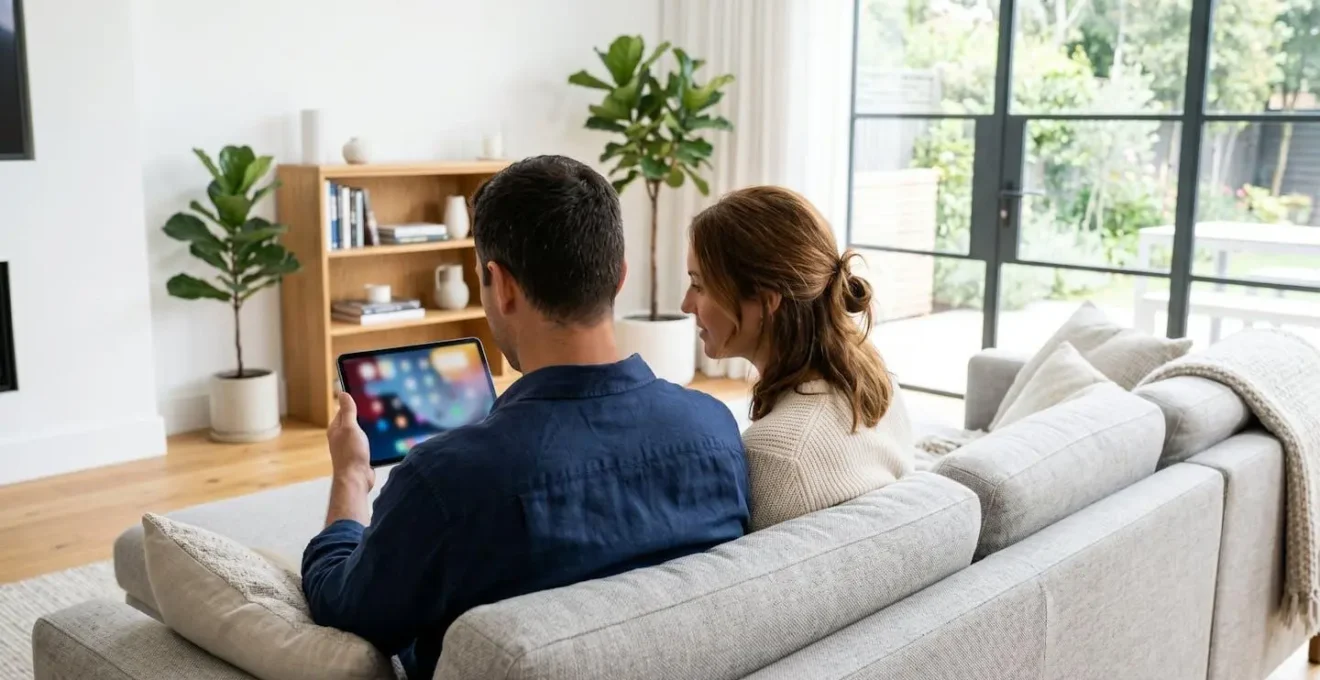 Un couple vu de dos consulte ensemble une tablette sur un canapé contemporain dans un salon lumineux
