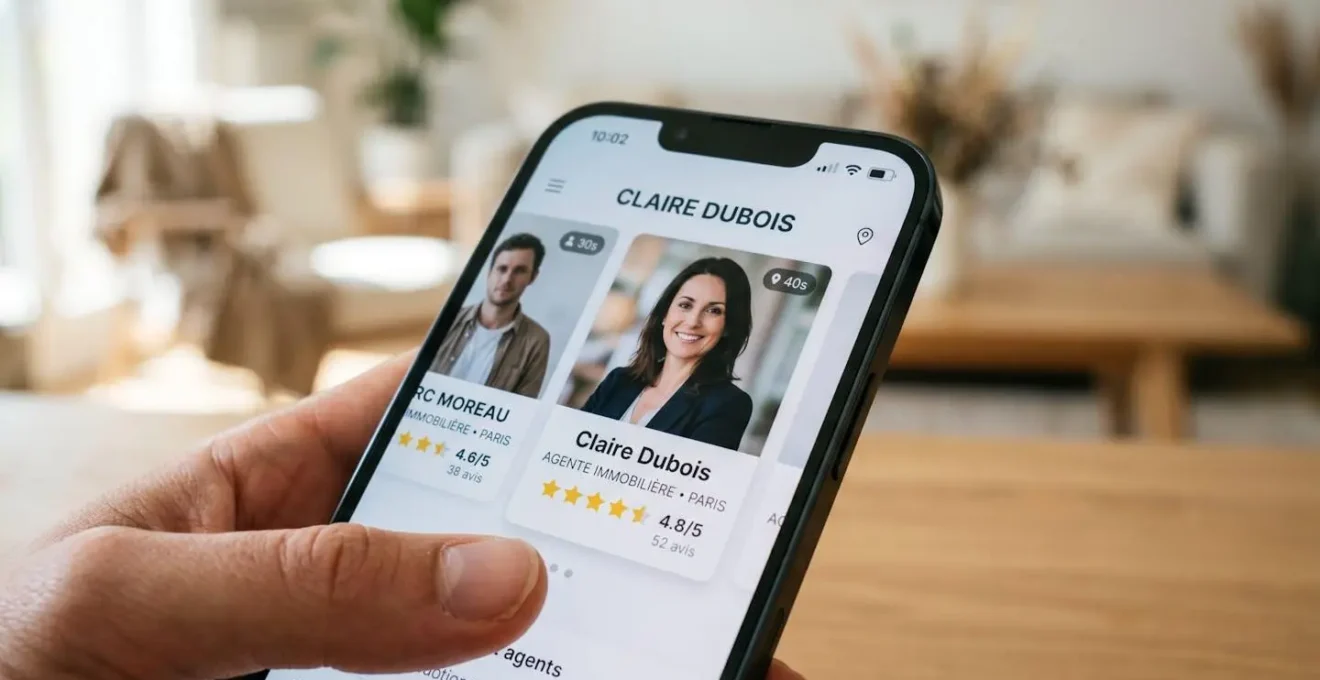 Gros plan sur un écran de smartphone affichant une liste de profils d'agents immobiliers avec photos et notes