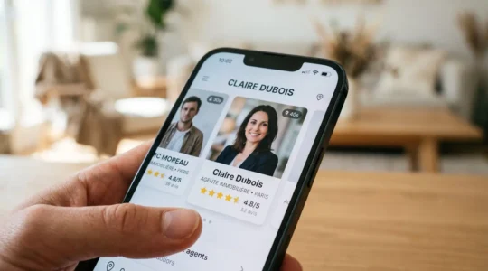 Gros plan sur un écran de smartphone affichant une liste de profils d'agents immobiliers avec photos et notes